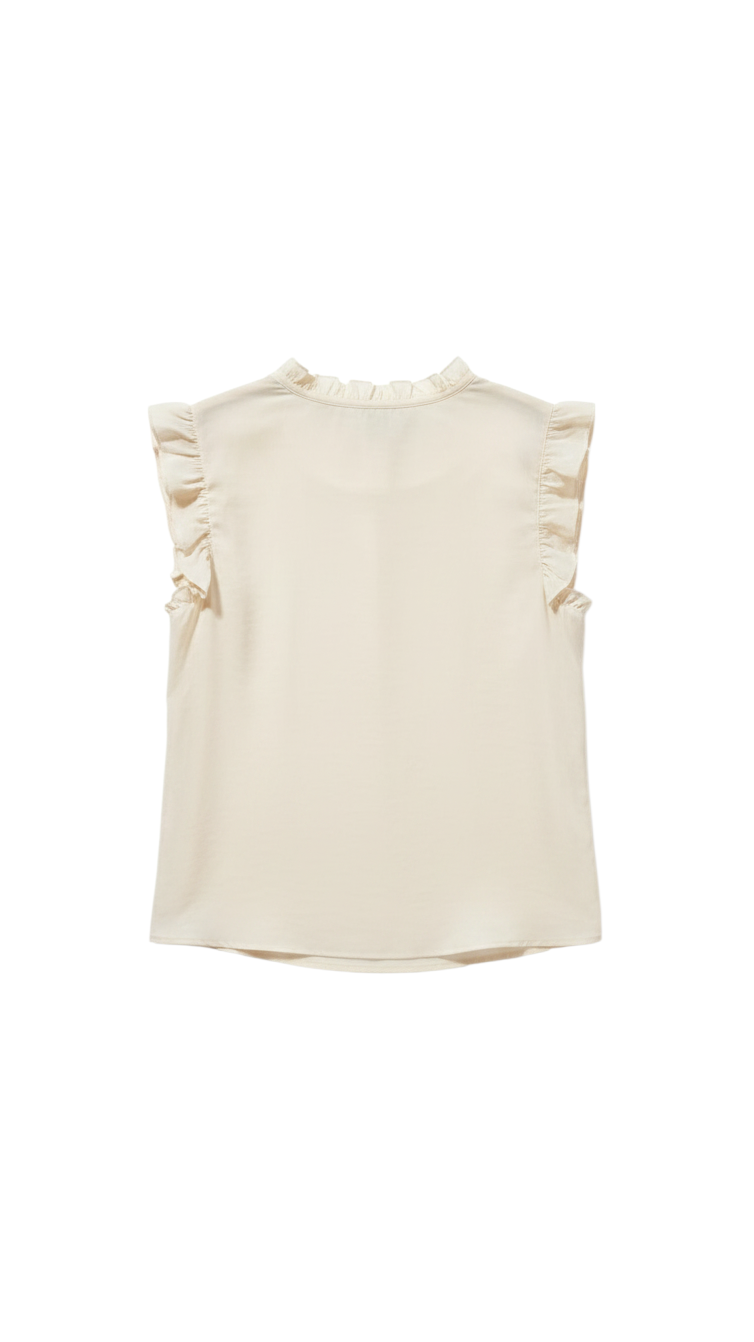 Blusa Crema de Manga Corta con Volantes y Detalle de Fruncido