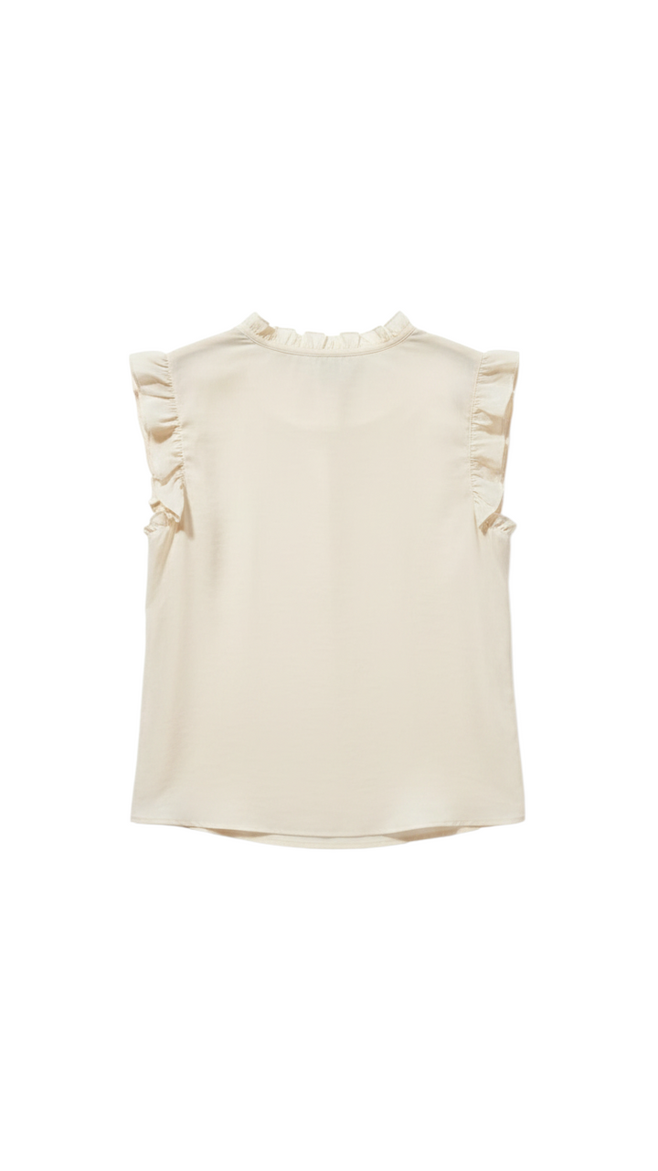 Blusa Crema de Manga Corta con Volantes y Detalle de Fruncido