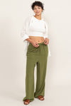 Pantalones de Lino Verde Mujer con Cintura Elástica y Cordón | Pantalón Ligero Casual Dz24c153