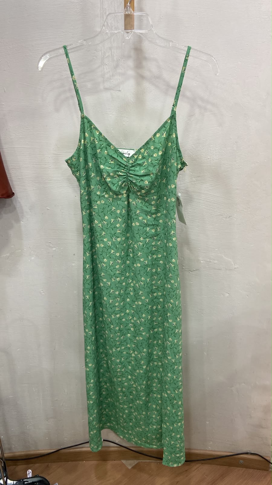 Green Spaghetti Strap Midi Dress with Floral Print