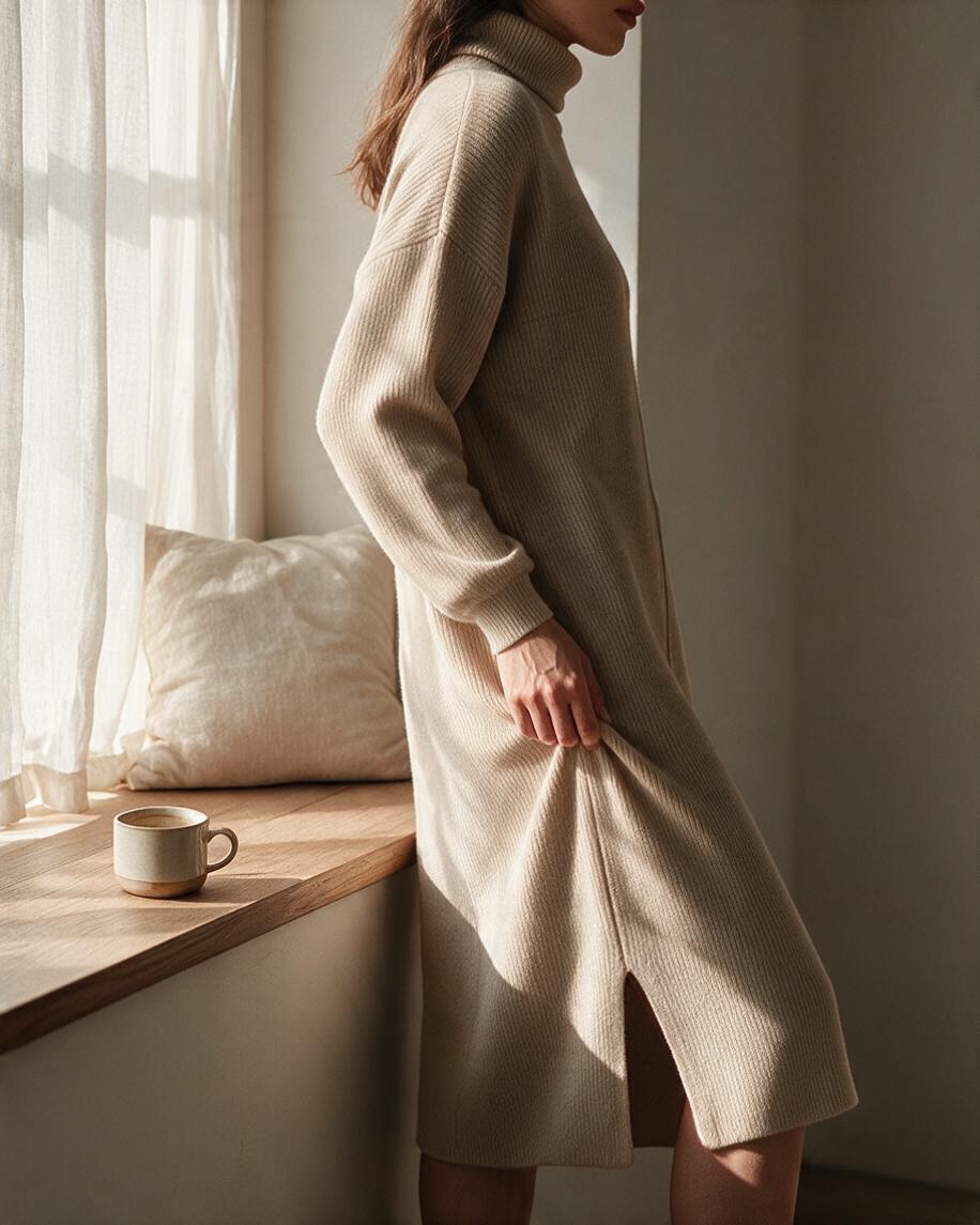 Vestido Midi Beige de Cuello Alto y Aberturas Laterales