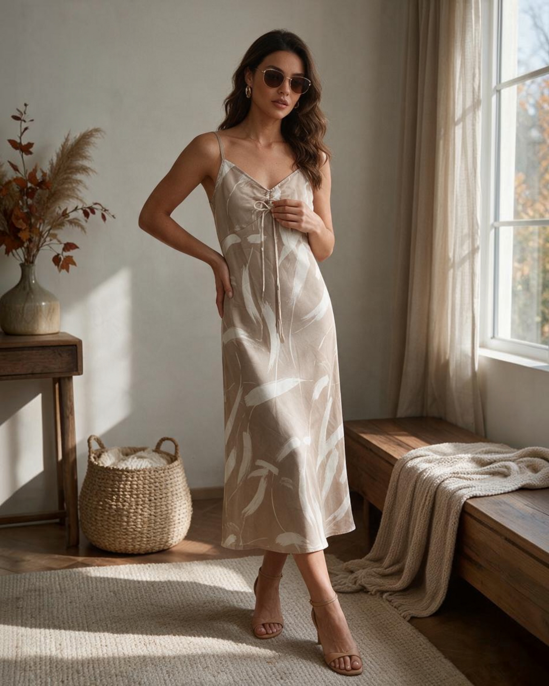 Vestido de Tirantes con Estampado Color Beige