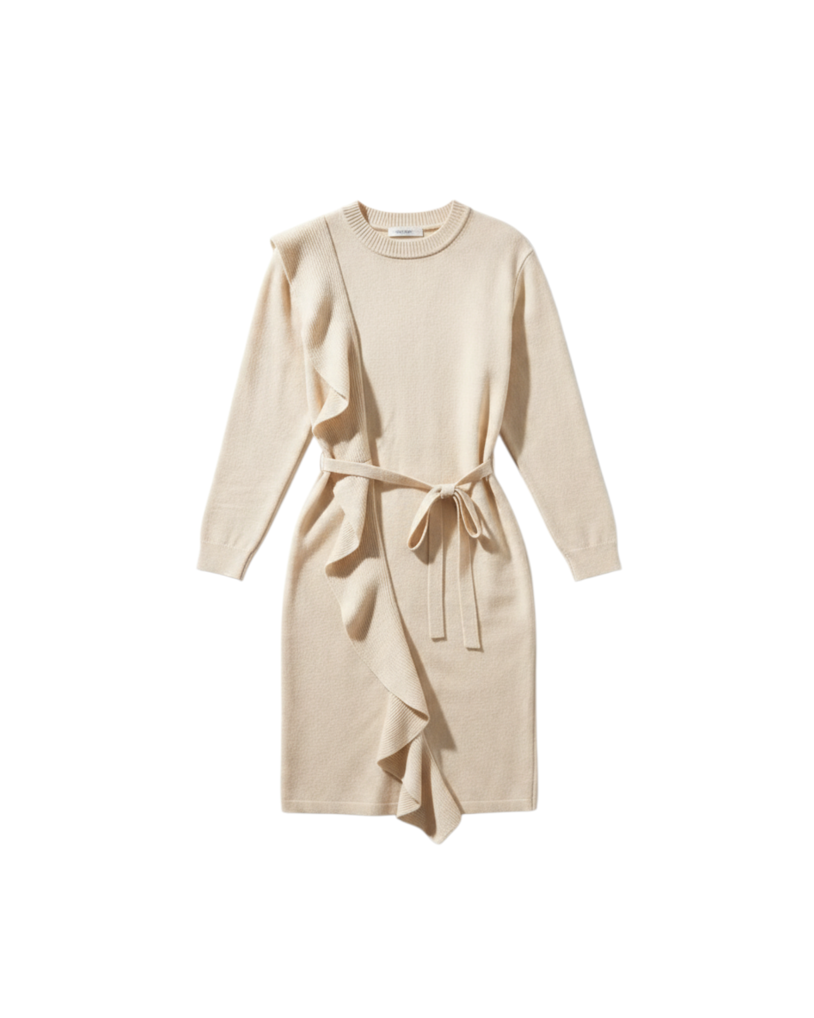 Vestido Asimétrico de Manga 3/4 Color Beige con Volantes