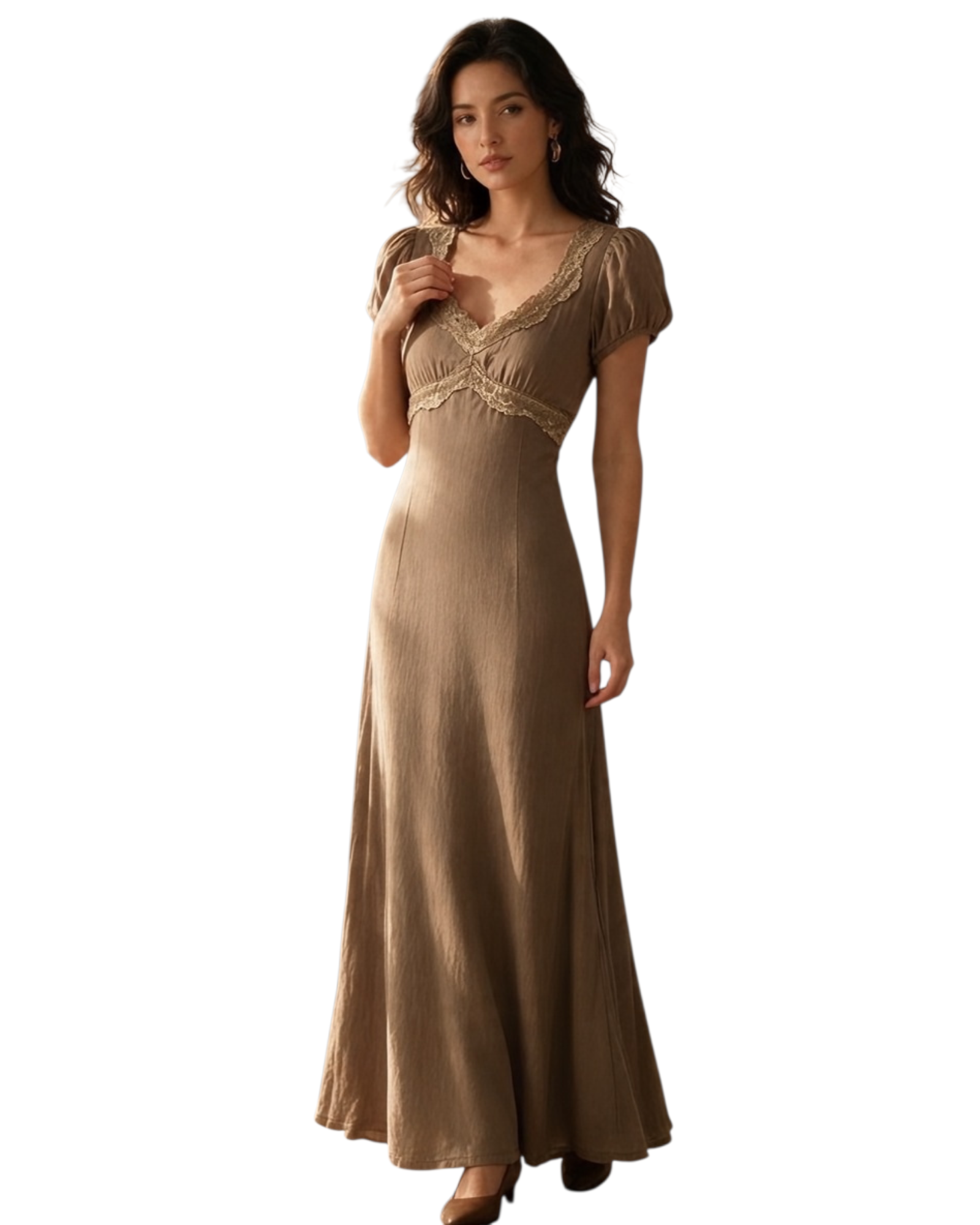 Vestido Largo con Encaje Color Beige