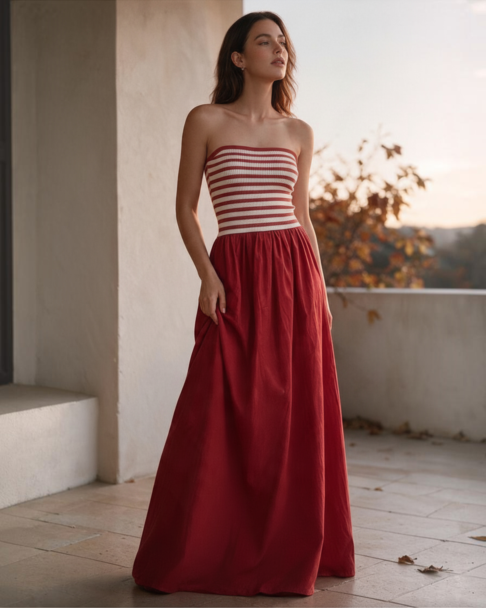 Vestido Largo Sin Mangas Color Rojo con Rayas