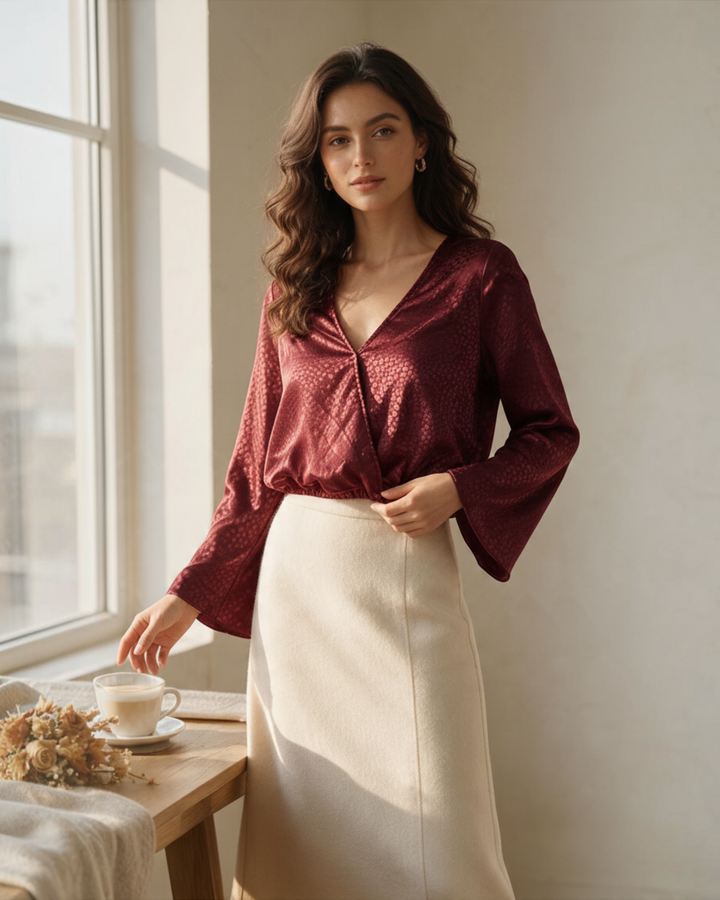 Blusa de Manga Larga Color Burdeos con Textura
