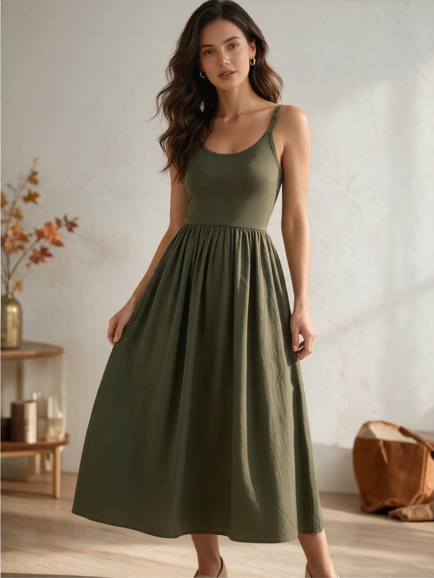 Vestido Largo Sin Mangas Color Verde Oliva