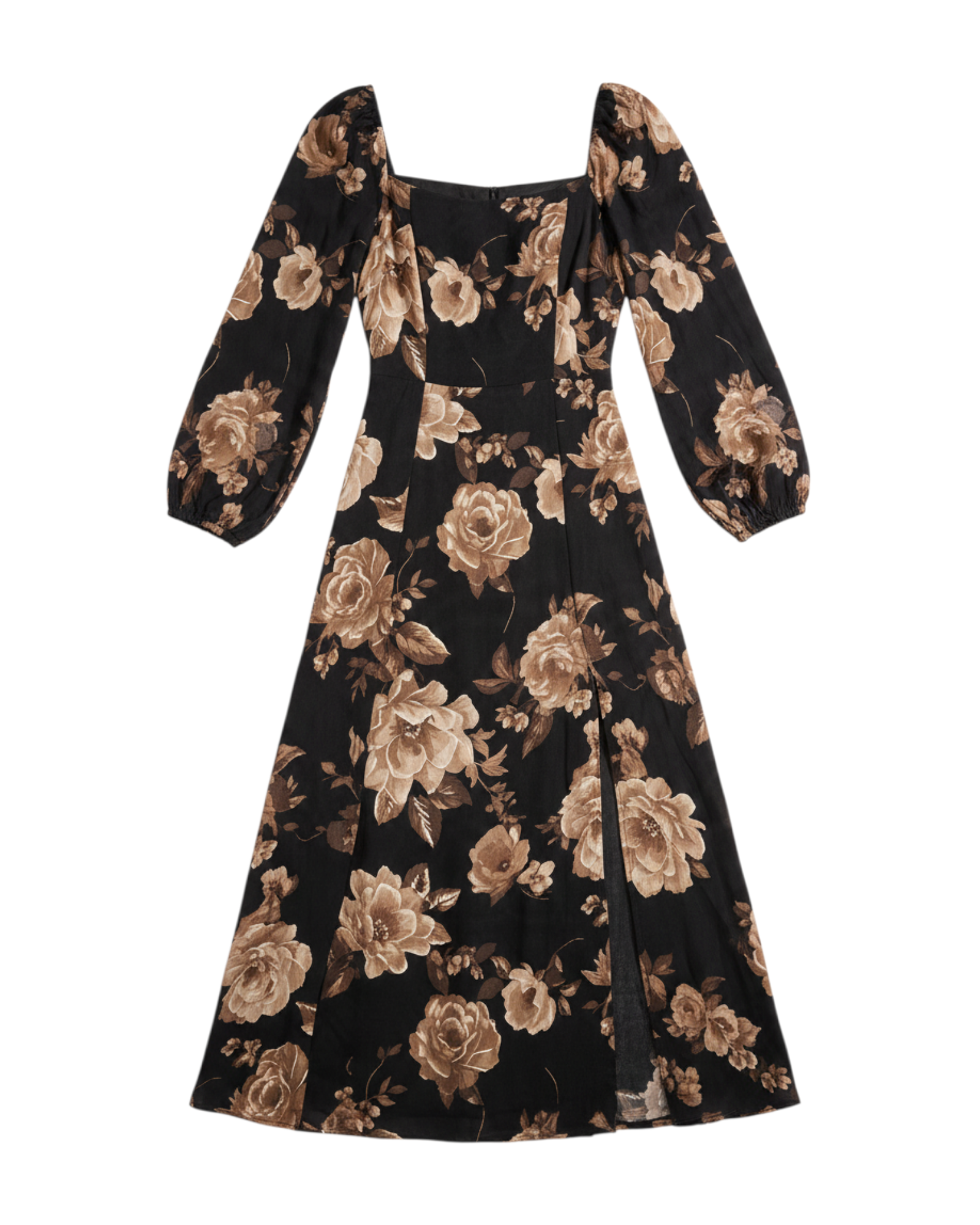 Vestido Largo de Manga Larga Color Negro con Flores