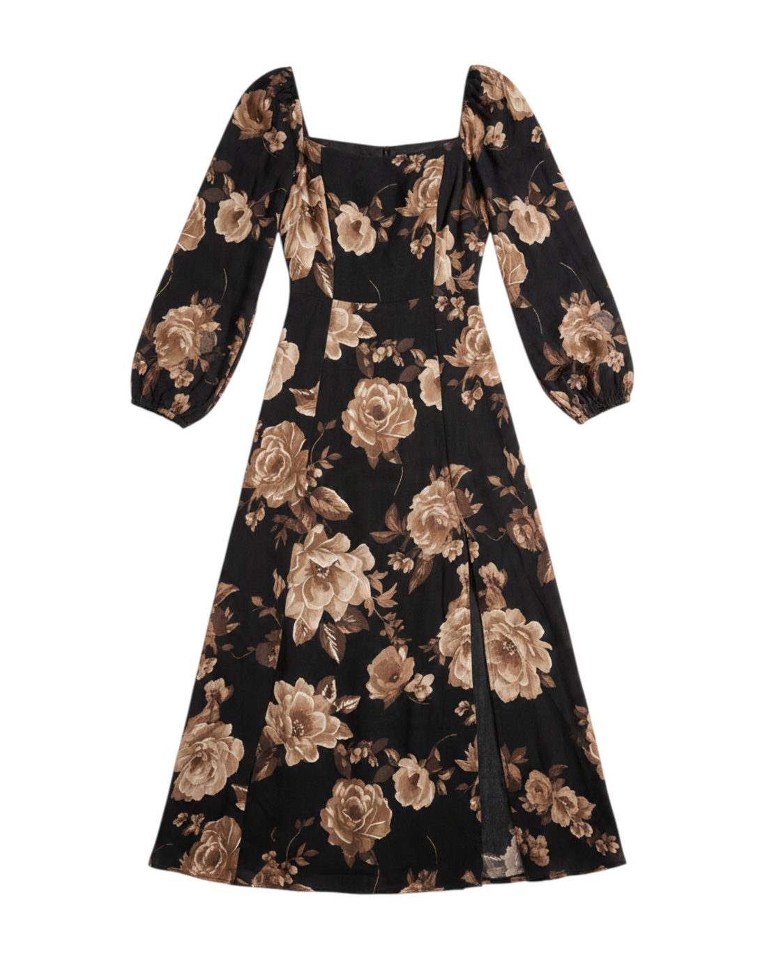 Vestido Largo de Manga Larga Color Negro con Flores