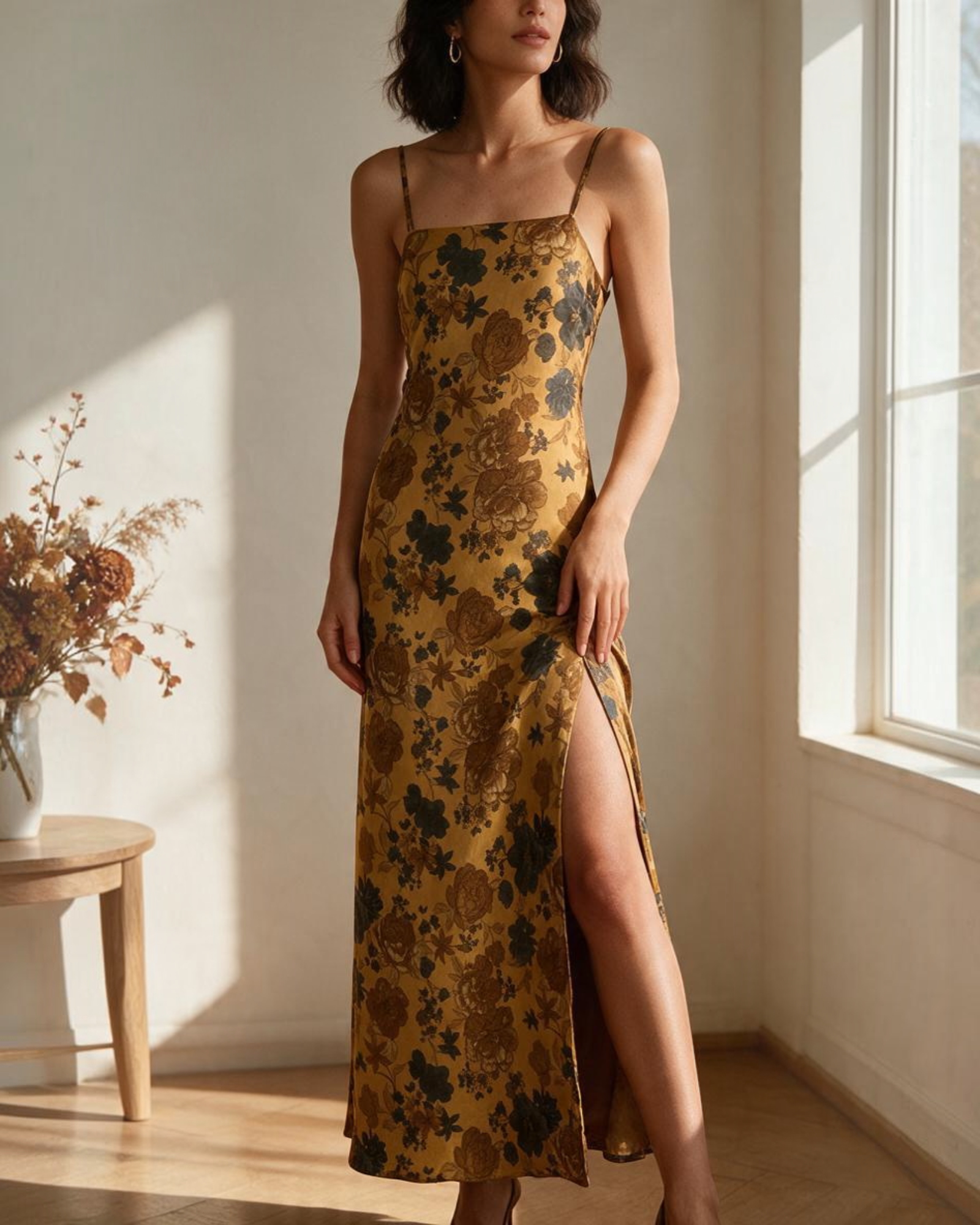 Vestido Largo Sin Mangas Color Amarillo con Flores