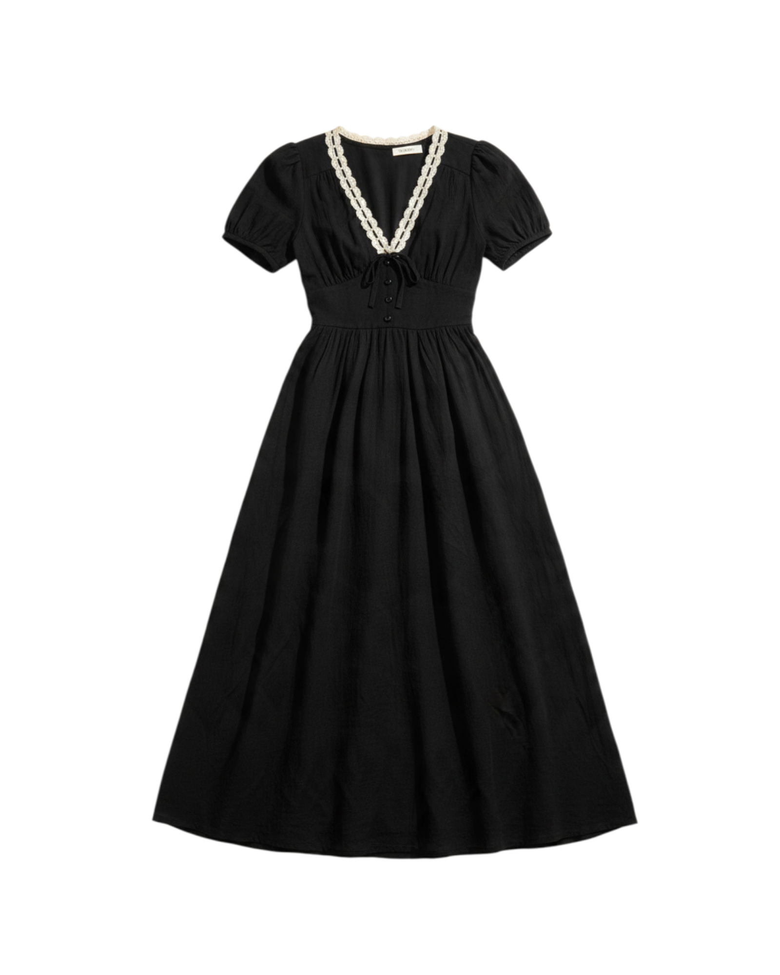Vestido Largo de Manga Corta Color Negro con Encaje