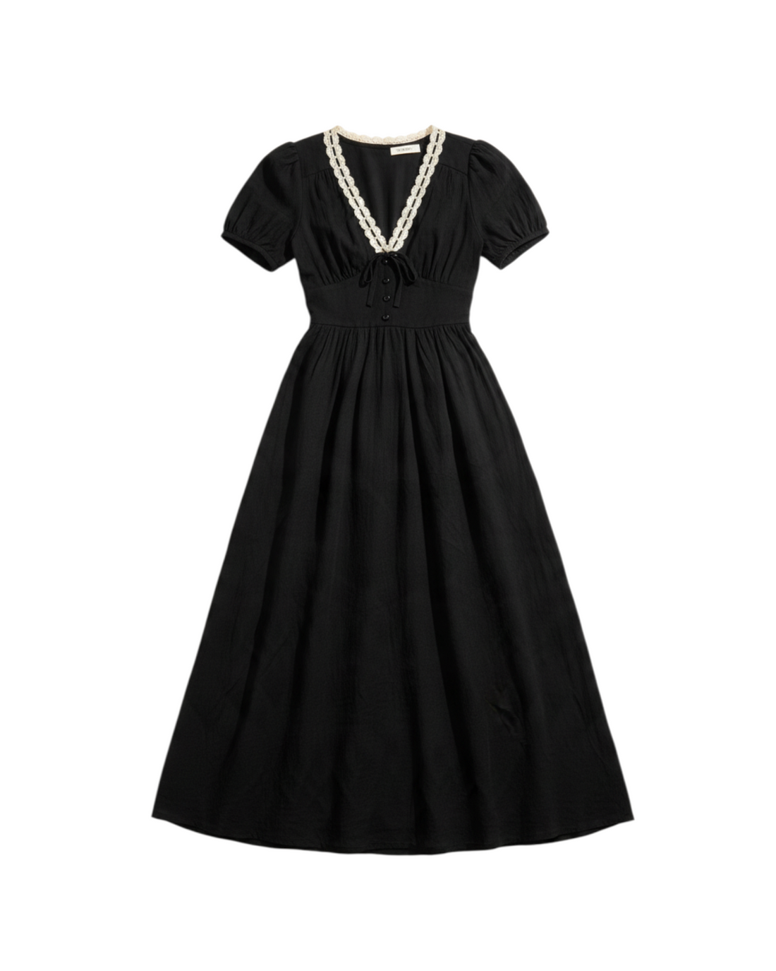 Vestido Largo de Manga Corta Color Negro con Encaje