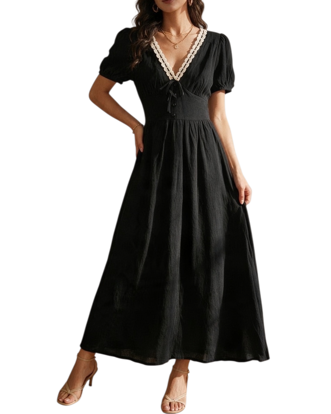Vestido Largo de Manga Corta Color Negro con Encaje