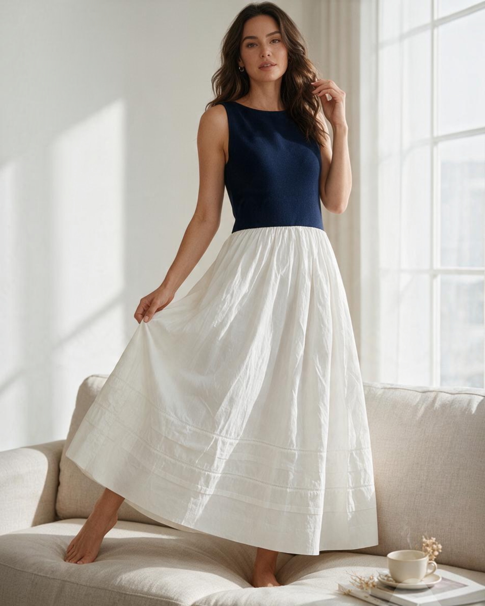 Vestido Maxi Sin Mangas Color Blanco con Azul Marino