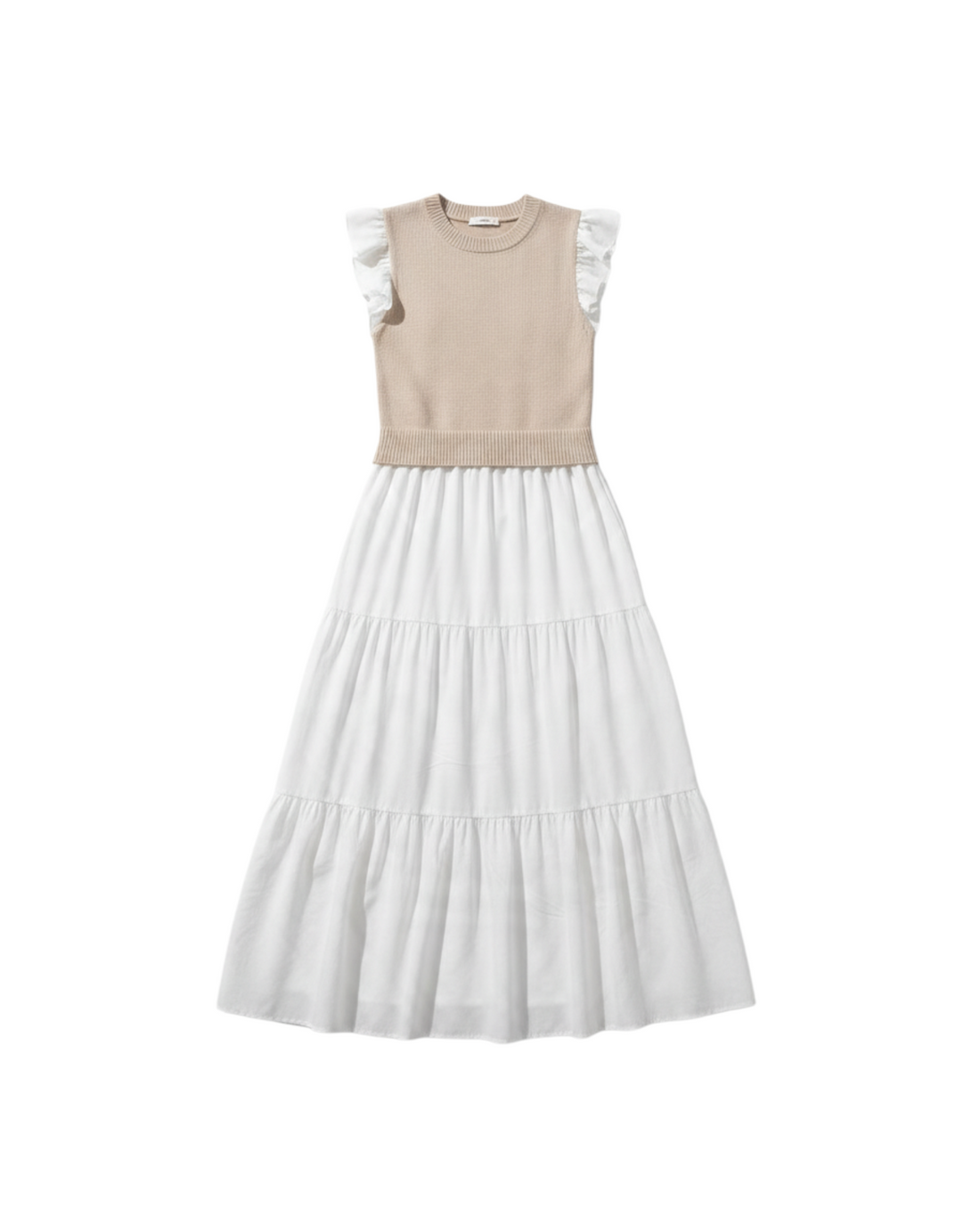 Vestido de Manga Corta Color Beige con Volantes