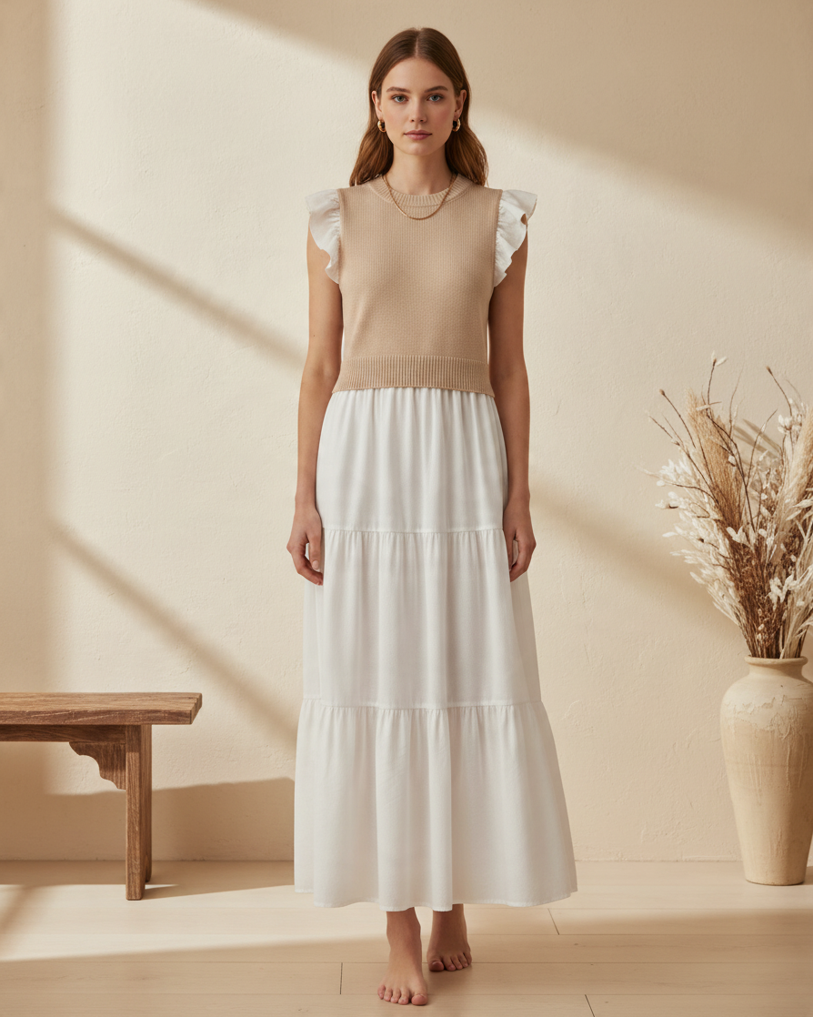 Vestido de Manga Corta Color Beige con Volantes