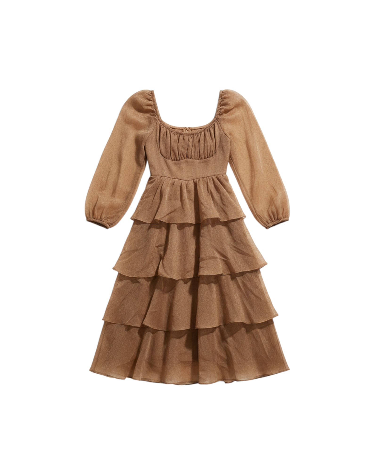 Vestido de Manga Larga con Volantes Color Café