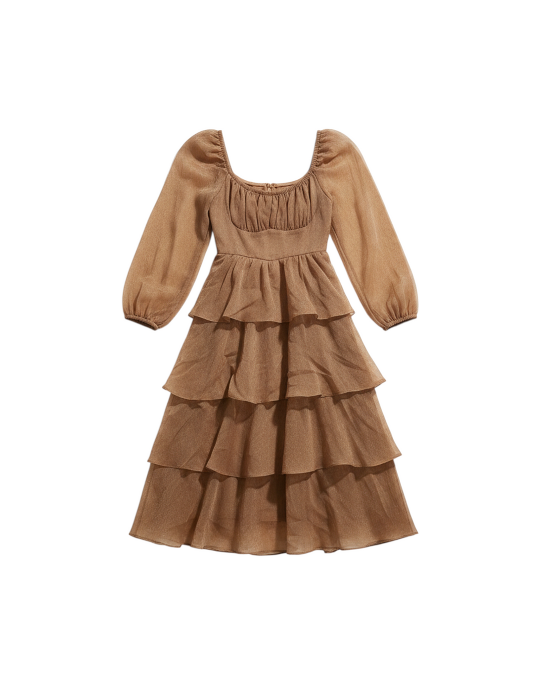 Vestido de Manga Larga con Volantes Color Café
