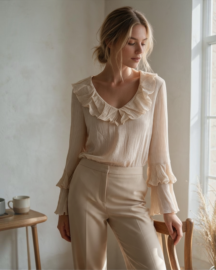 Blusa con Volantes de Manga Larga Color Crema