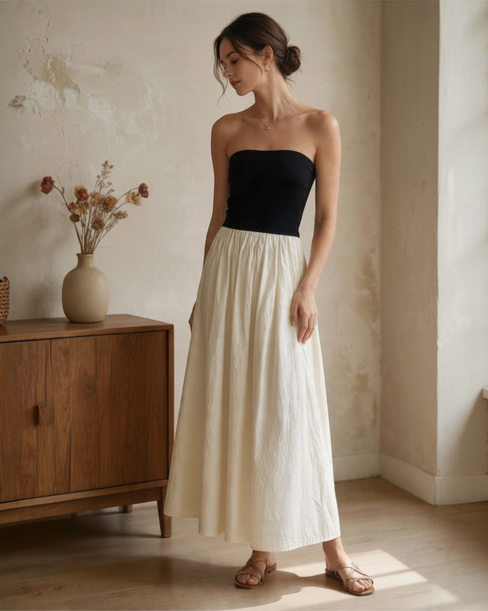 Vestido Sin Mangas de Cintura Alta Color Negro y Crema
