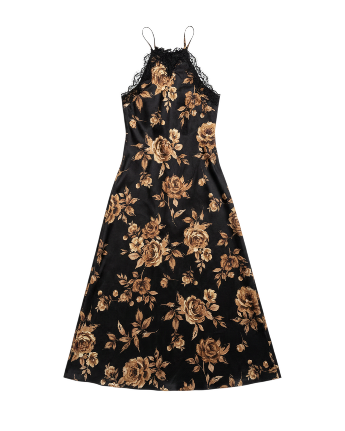 Vestido Largo de Tirantes con Encaje Color Negro Floral