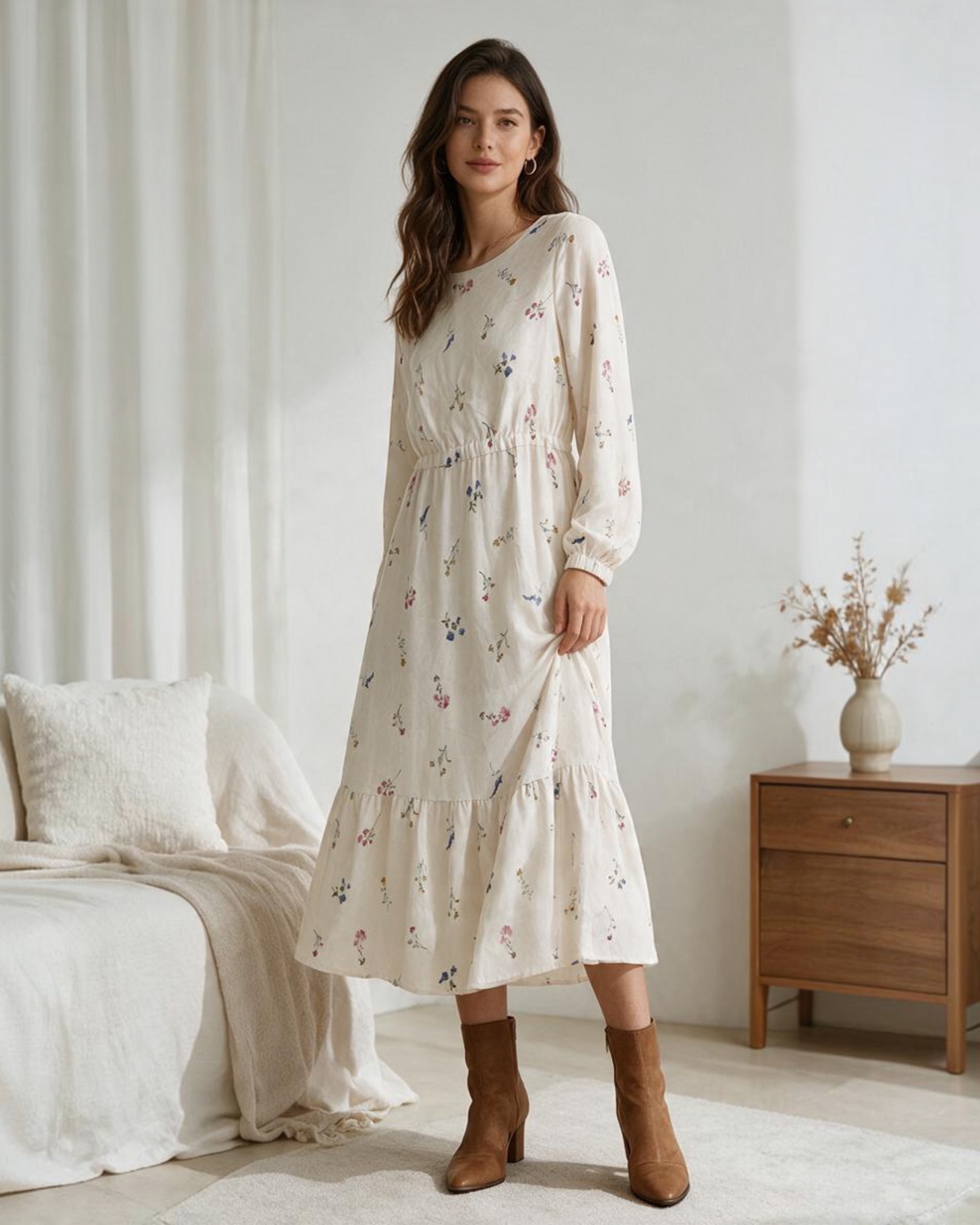 Vestido Largo con Manga Larga Color Crudo y Estampado Floral