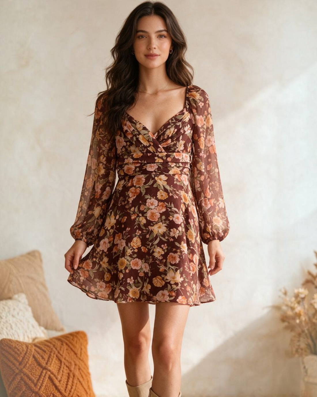 Vestido Corto con Manga Larga Color Marrón Floral