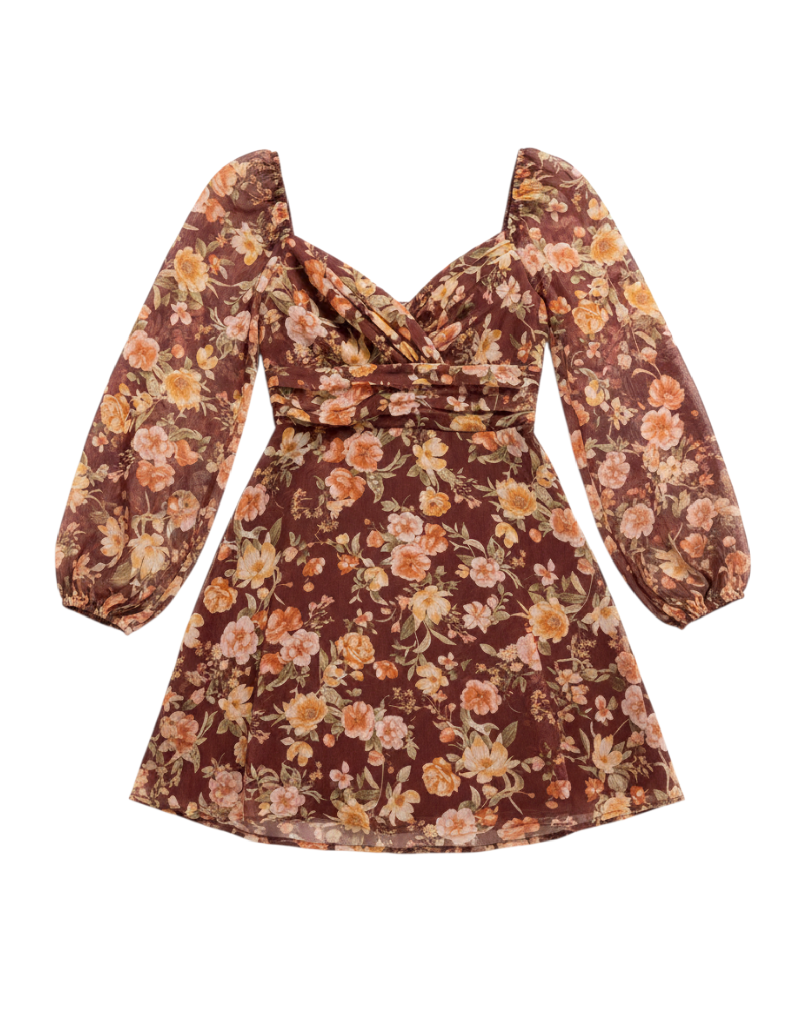 Vestido Corto con Manga Larga Color Marrón Floral