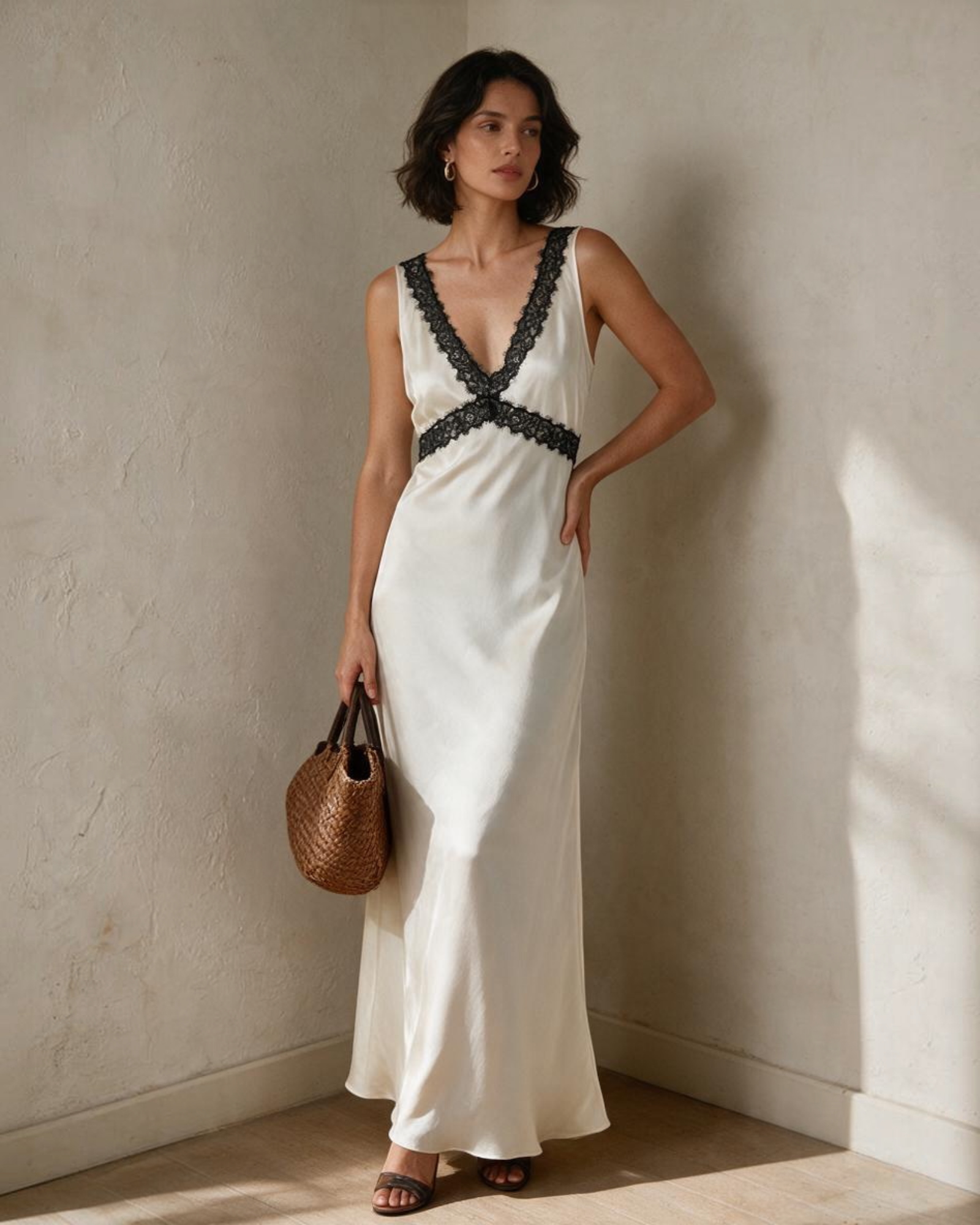 Vestido de Seda con Encaje Color Crema