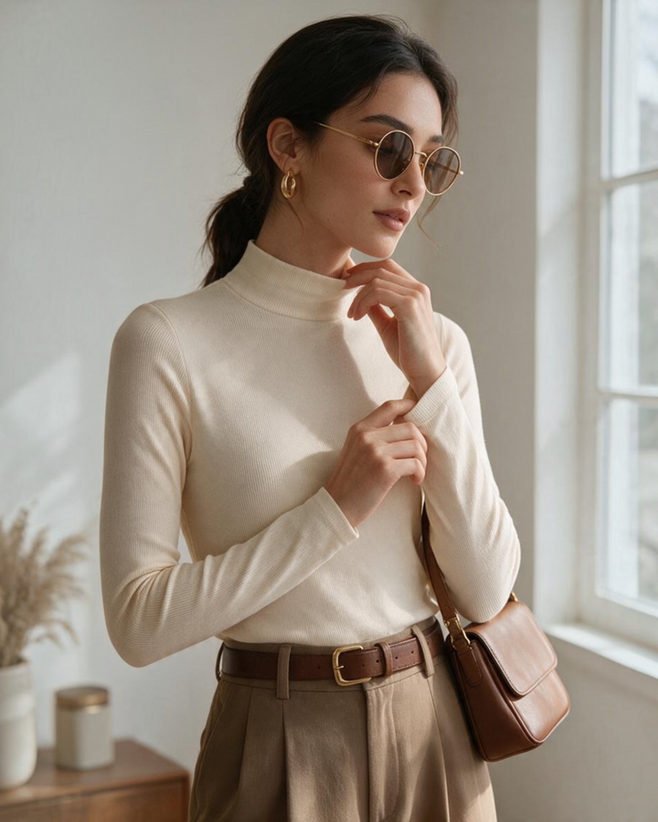 Top de Manga Larga Cuello Alto Color Crema