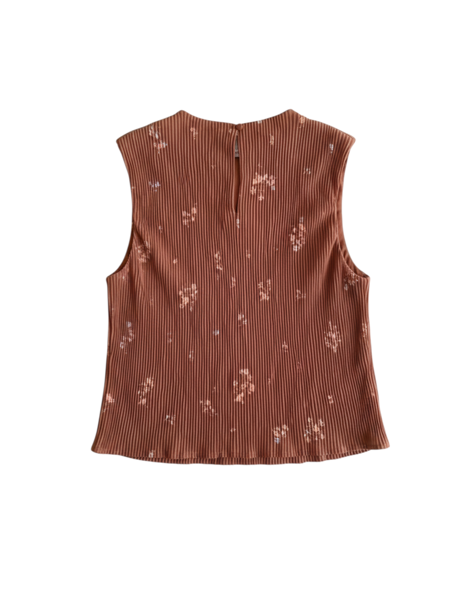 Top sin mangas Yanet Collective color óxido con textura acanalada y estampado floral, vista trasera con cierre