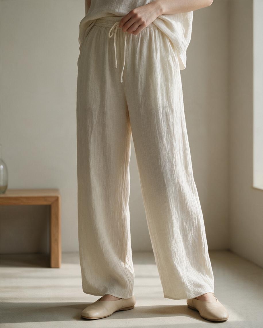 Cream Relaxed Wide-Leg Pants with Drawstring Detail