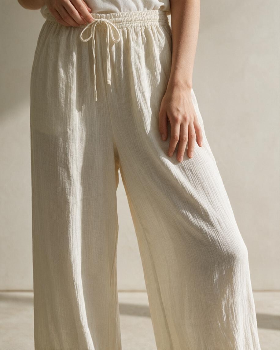 Cream Relaxed Wide-Leg Pants with Drawstring Detail