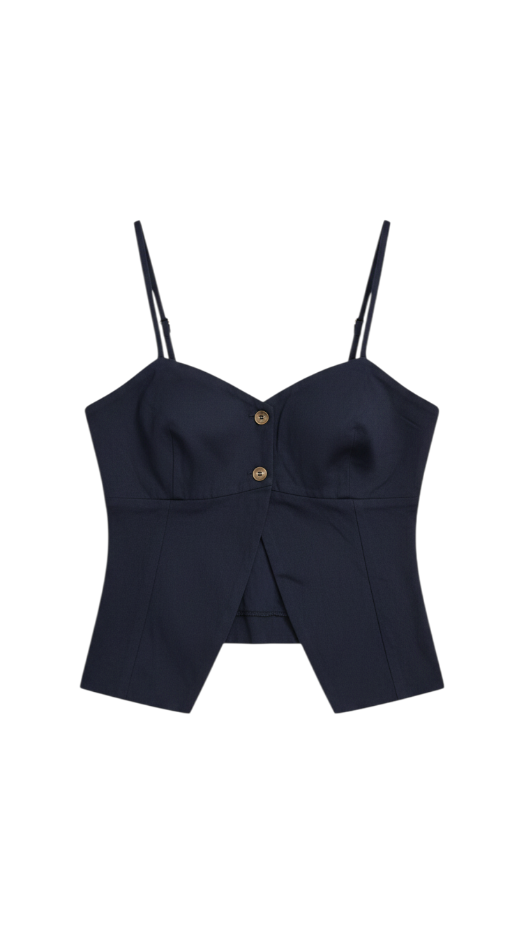 Top Corto Azul Marino con Tirantes y Botones - Estilo Boutique