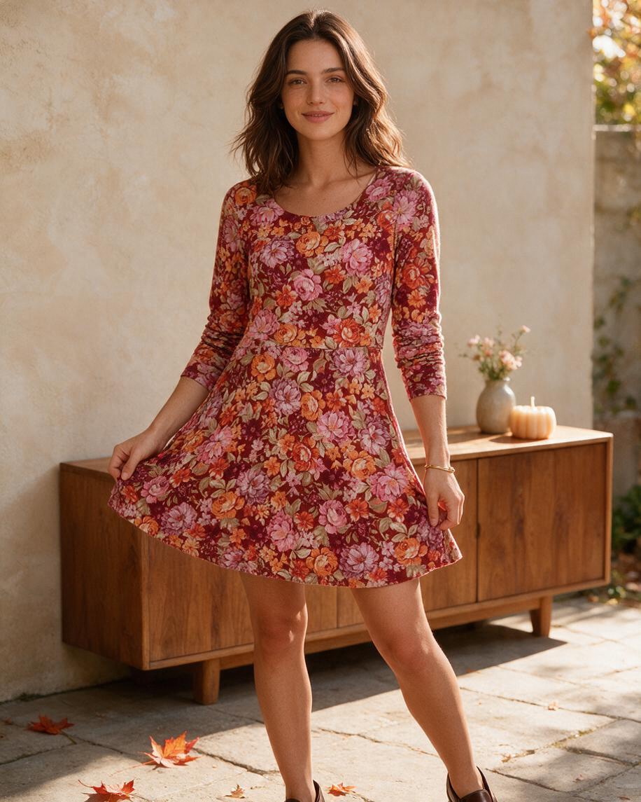 Vestido Corto Floral de Manga Larga con Detalle en Cintura - Estilo Boutique