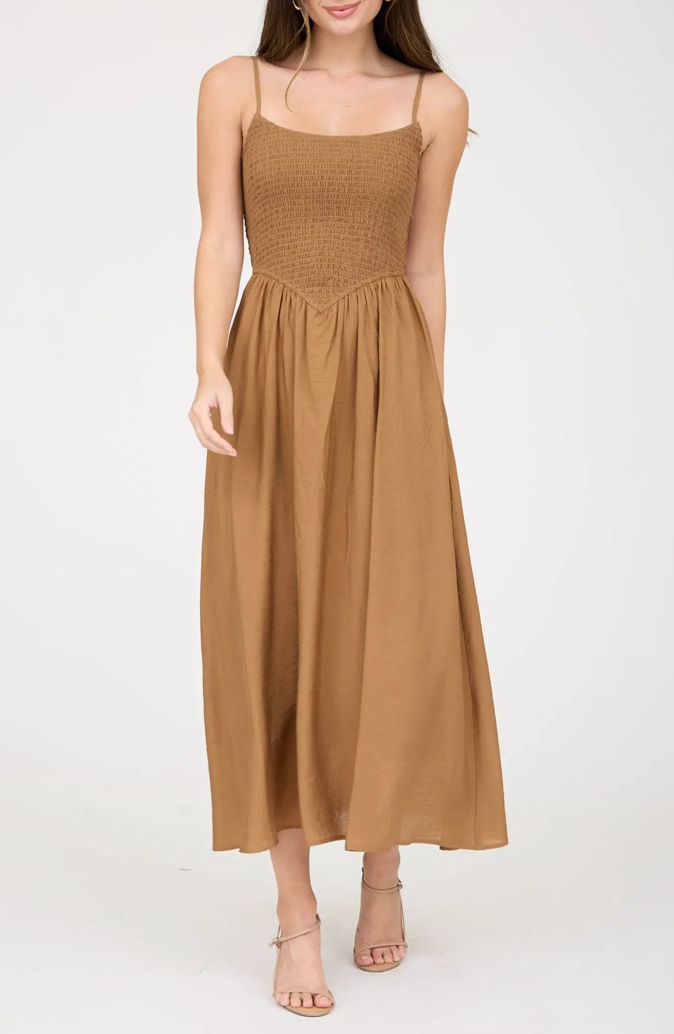 shopblupepper Brown Smocked Basque Waist Spaghetti Strap Midi Dress – A-Line Lined Summer Dress - Dress