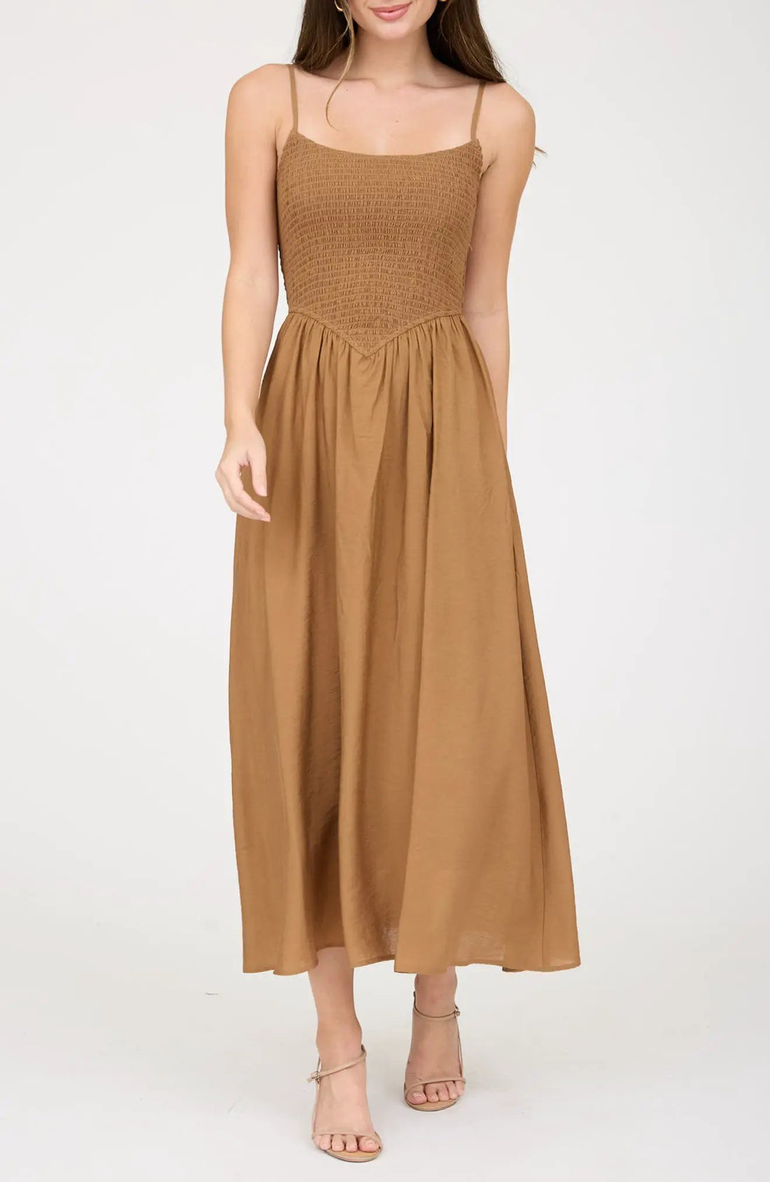 shopblupepper Brown Smocked Basque Waist Spaghetti Strap Midi Dress – A-Line Lined Summer Dress - Dress