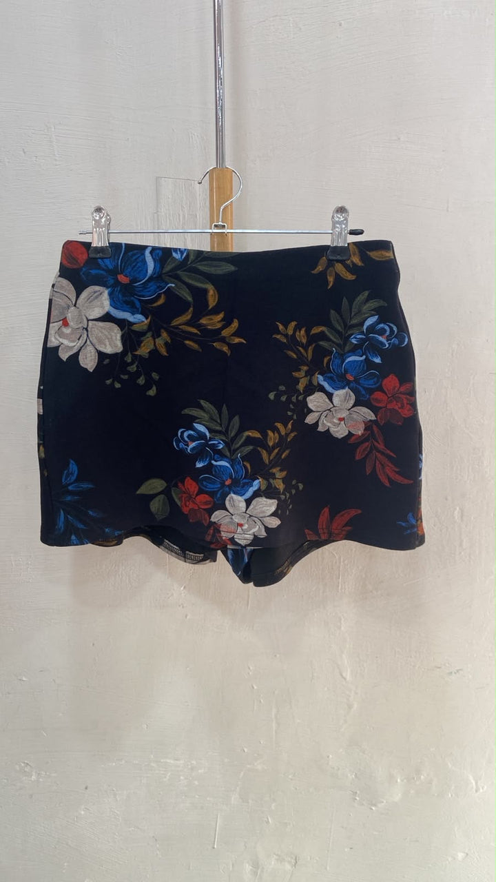 Navy Floral High-Waist Shorts with Curved Hem