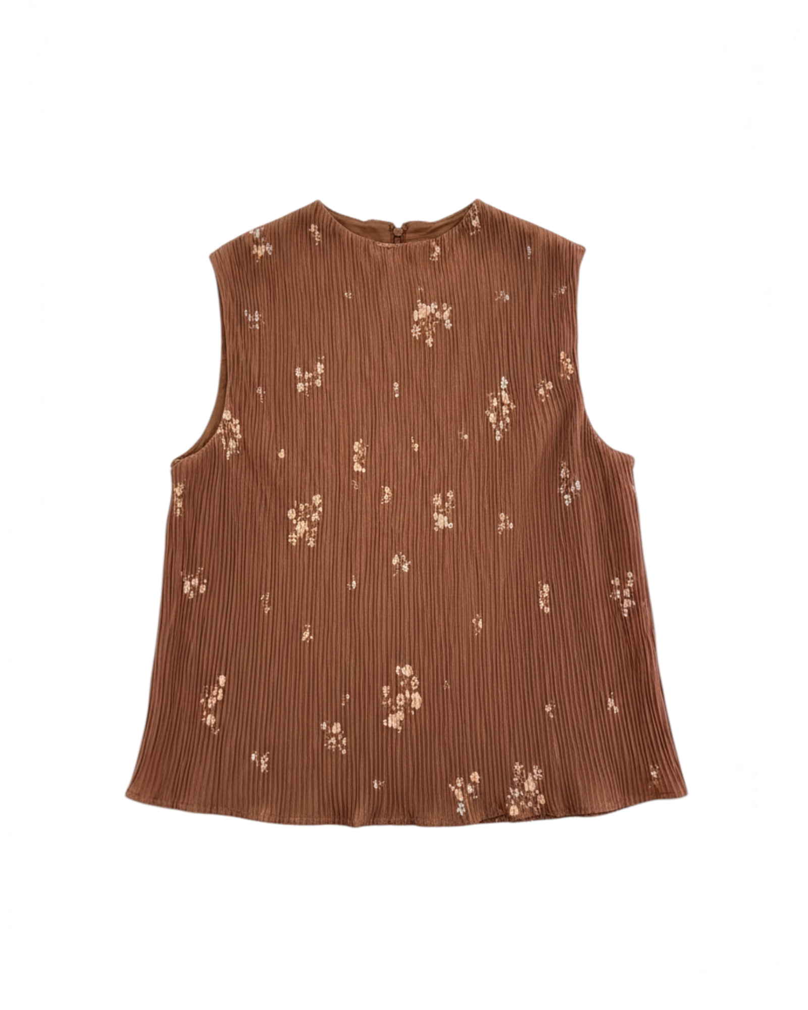 Top sin mangas Yanet Collective color óxido con estampado floral delicado y tejido texturizado de cuello redondo