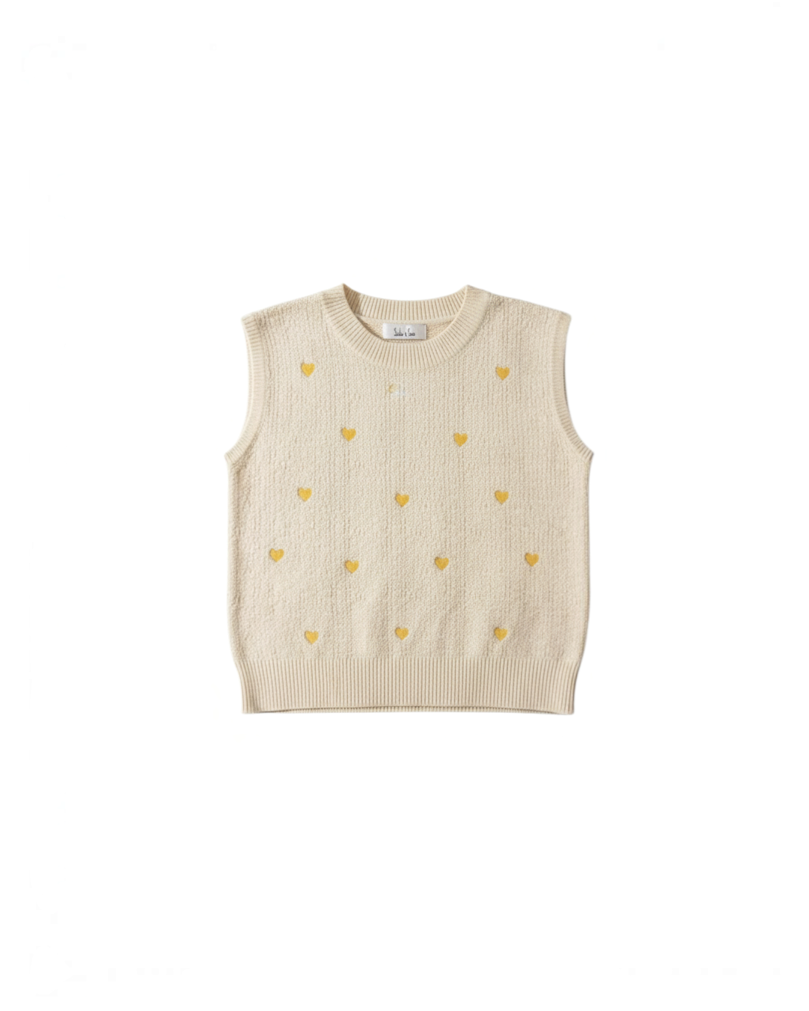 Top de punto crema sin mangas de Yanet Collective con delicados motivos de corazones amarillos y tejido texturizado.