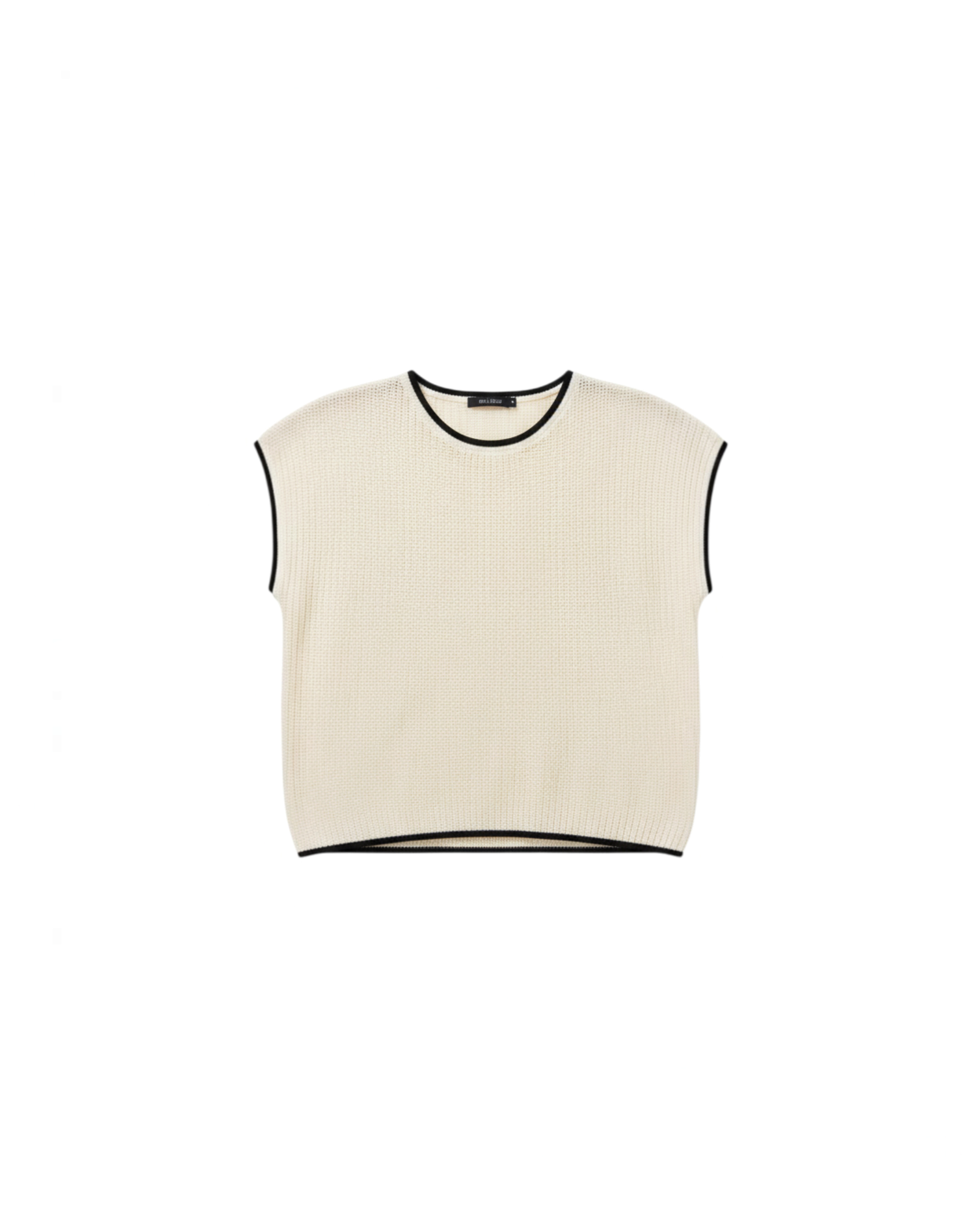 Top de punto Yanet Collective color crema con cuello redondo y ribetes negros en mangas y bajo