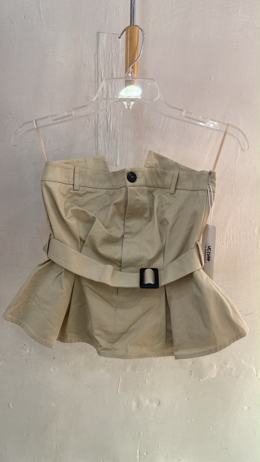 Beige Strapless Peplum Top with Belt Detail