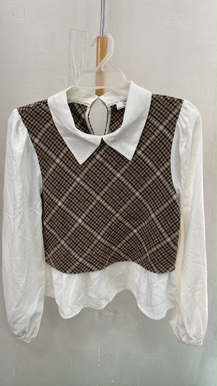 Top Corto de Cuadros Marrón con Cuello - Estilo Boutique