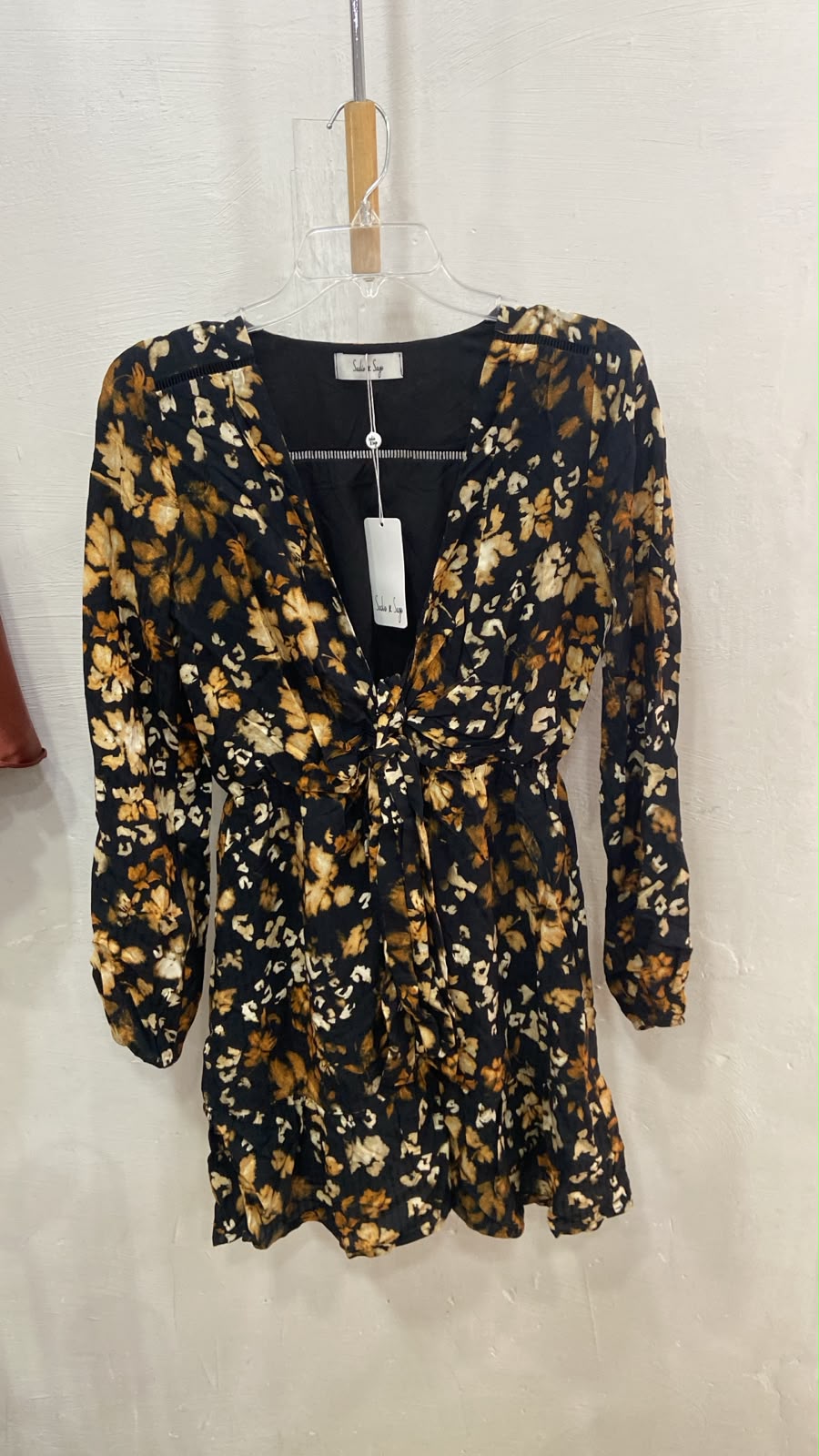 Black Floral Long Sleeve Wrap Dress with Tie Detail