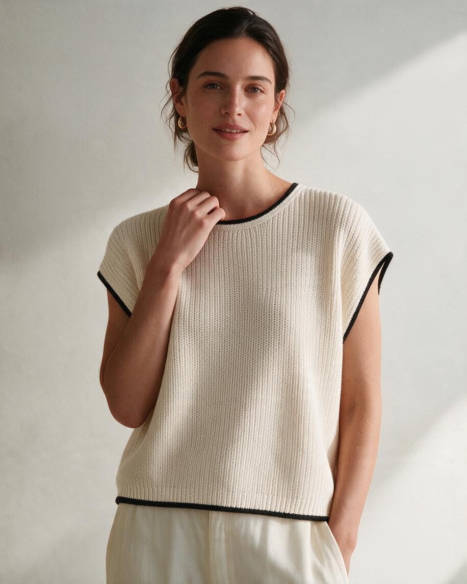 Top de Punto Crema con Ribete Negro - Estilo Boutique