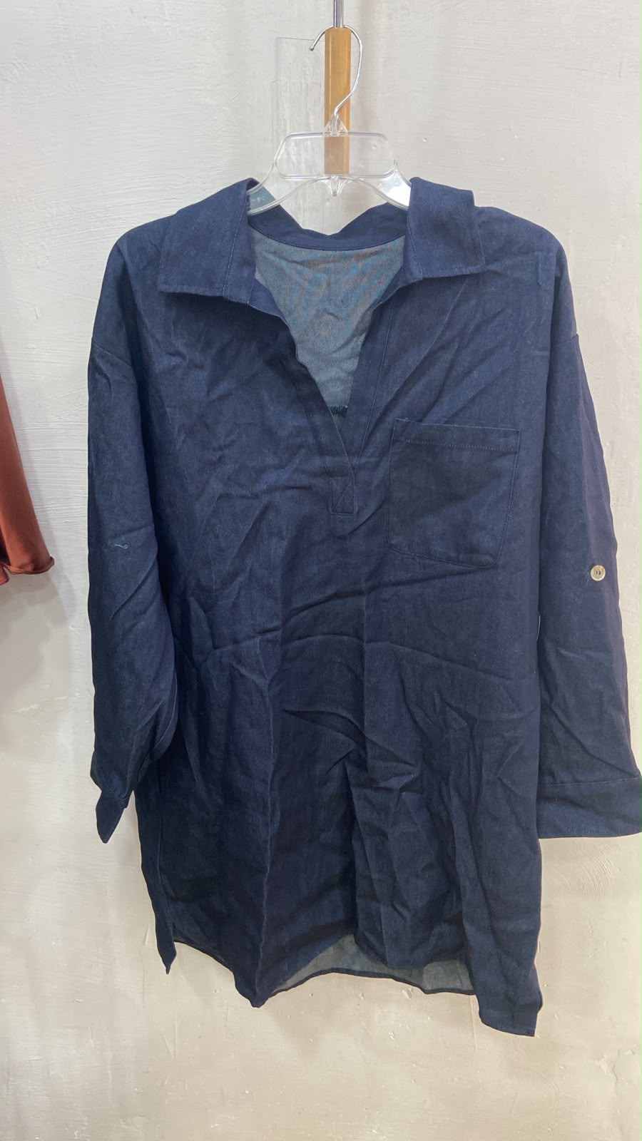 Navy Long Sleeve Collared Tunic with Pocket