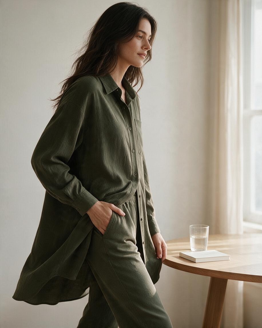 Olive Long Sleeve Button-Up Shirt with Pocket
