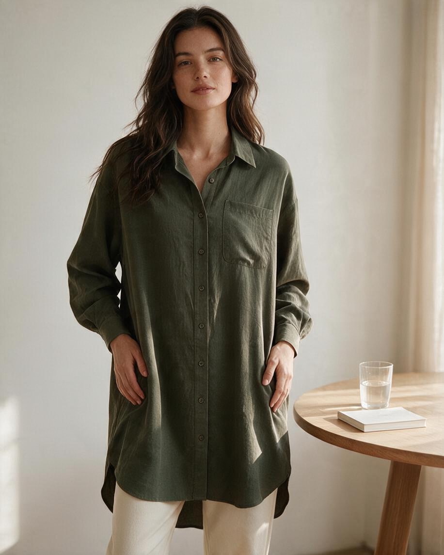 Olive Long Sleeve Button-Up Shirt with Pocket
