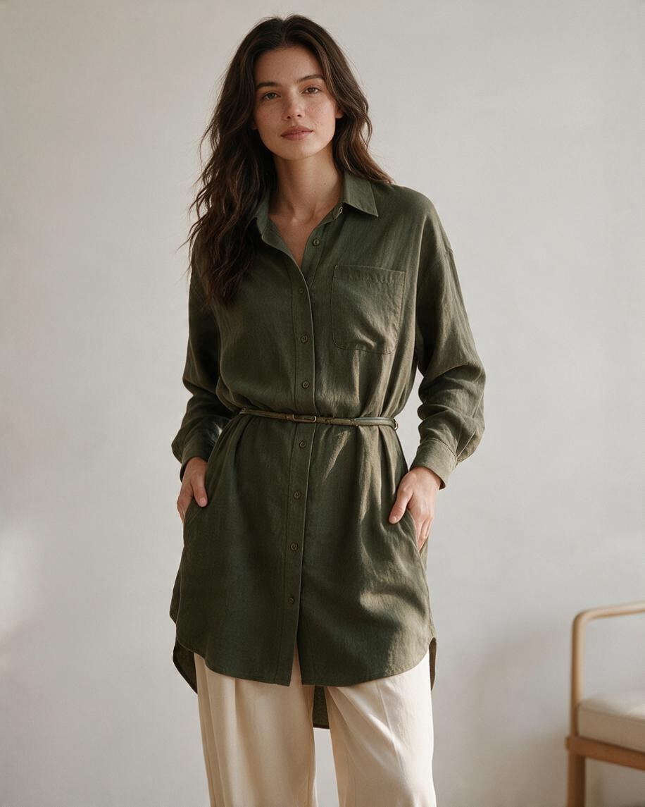 Olive Long Sleeve Button-Up Shirt with Pocket