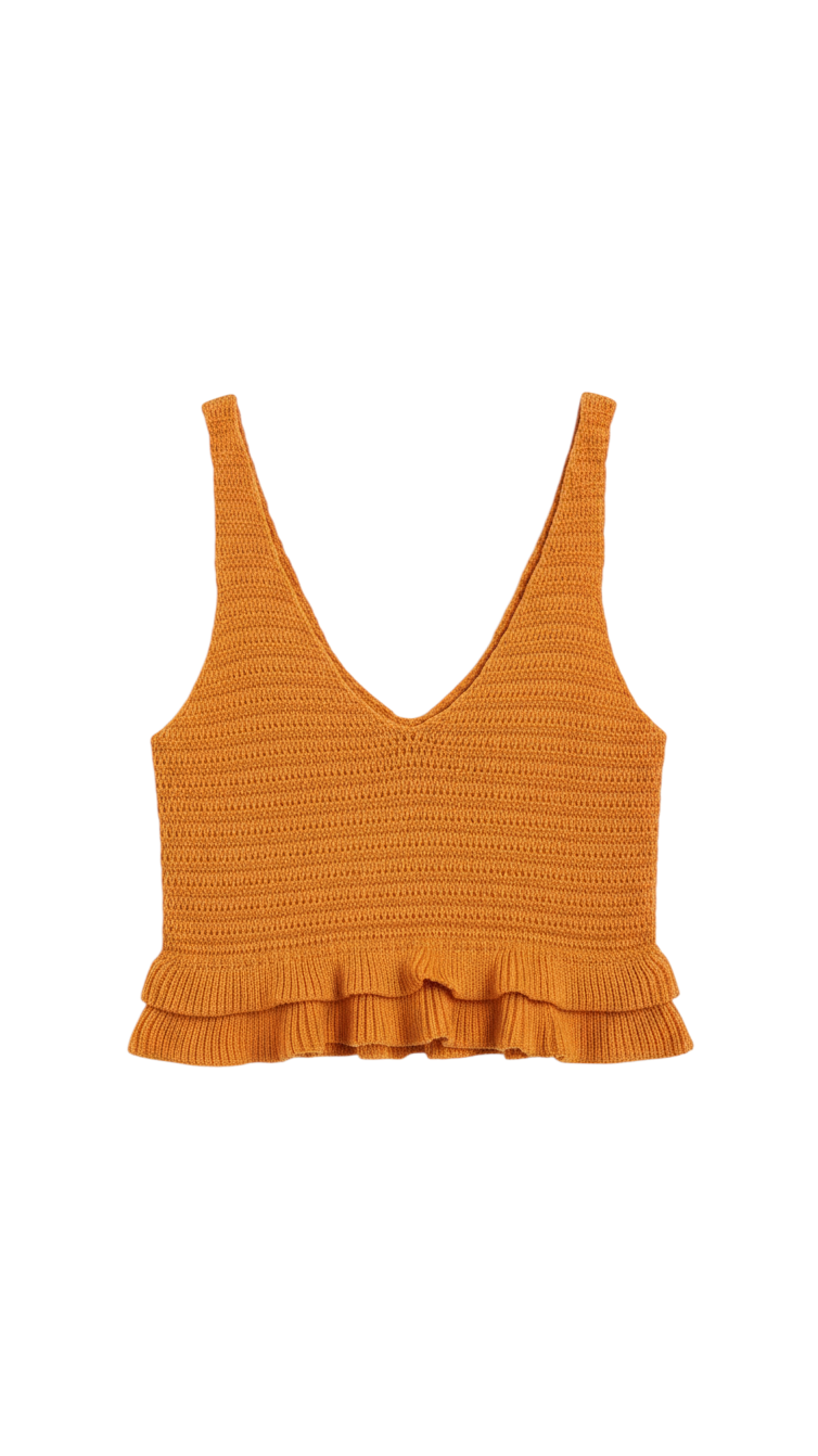 Top Corto de Punto Naranja con Dobladillo de Volantes | Estilo Boutique